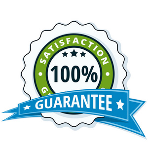 带蓝丝带的绿色100% 满意度保证图标的矢量图解设计照片