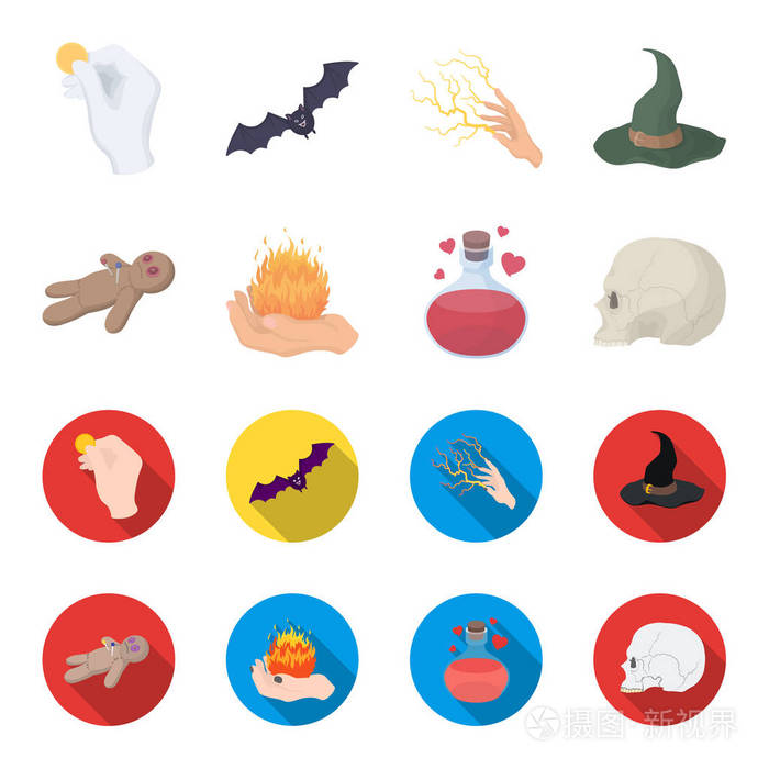 巫毒娃娃魔法火爱情药水头骨黑白魔术集合图标在卡通平面风格矢量符号