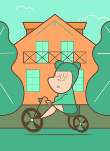 卡通可爱的小男孩骑自行车, 矢量插图