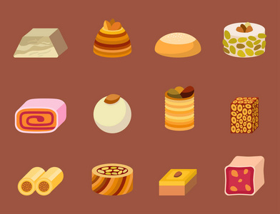 东方美味甜点糖果食品东方糖果自制的分类矢量插画蛋糕美味的面包店分类