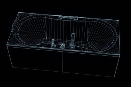 在全息图线框风格的浴缸。漂亮的 3d 渲染