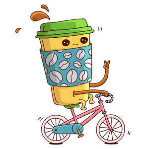 杯咖啡上粉色的自行车骑图片
