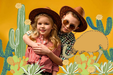 小时尚的旅行者在帽子拥抱, 黄色与仙人掌和鸵鸟例证