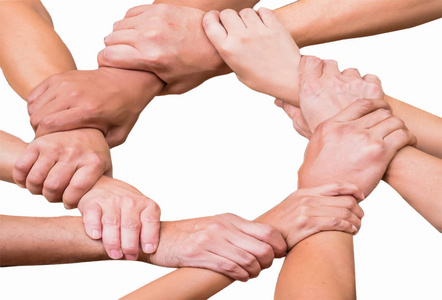 手是合作的概念, 在白色的团队隔离照片