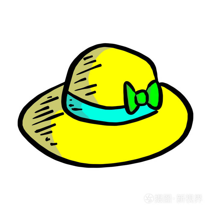 黄色夏季帽子矢量插图素描手画与黑色线隔离在白色背景上