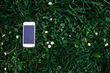 一只带大屏幕的白色手机躺在绿草上。