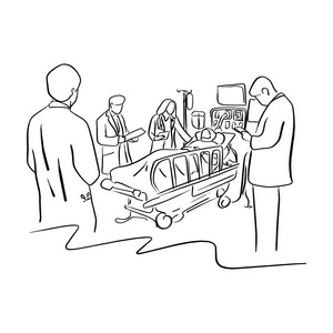 医疗手画素描四医生照顾病人在床上医院矢量插图素描手画与黑色线隔离