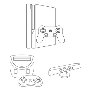 游戏控制台和虚拟现实轮廓图标集合中的设计。游戏小工具矢量符号股票网页插图