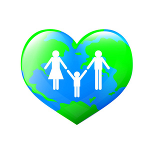 家庭在世界上。地球行星的心脏形状。家庭护理概念。在白色背景上隔离的插图