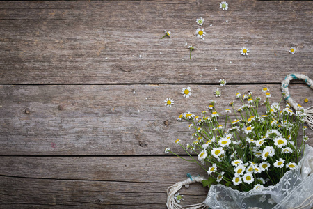 夏天在木板上网格中的花束。洋甘菊花园。复制空间