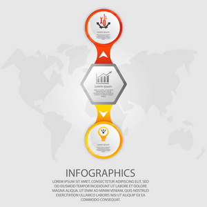 现代矢量插画3d。模板六边形和圆图表与树元素和箭头。专为商务演示网页设计而设计, 有3步选项零件或流程