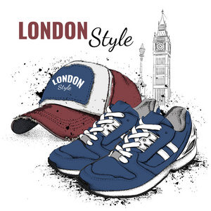 手工绘制矢量运动鞋和帽。伦敦的背景。矢量图