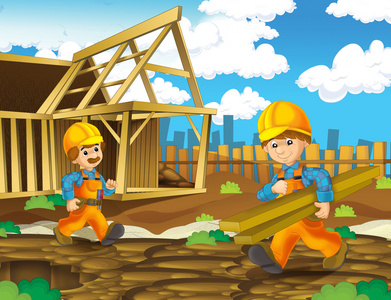 卡通建筑工地卡通卡车和挖掘机在施工现场水的生活王子或公主城堡骑士