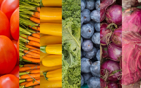 彩虹水果和蔬菜拼贴照片