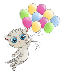 彩色的气球飞行在白色背景上的逗小猫
