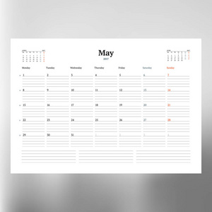 对 5 月 2017 年日历模板。每周从星期一开始。设计打印模板。孤立的矢量图