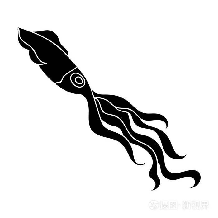 鱿鱼中孤立在白色背景上的黑色风格的图标.海洋动物符号股票矢量图插