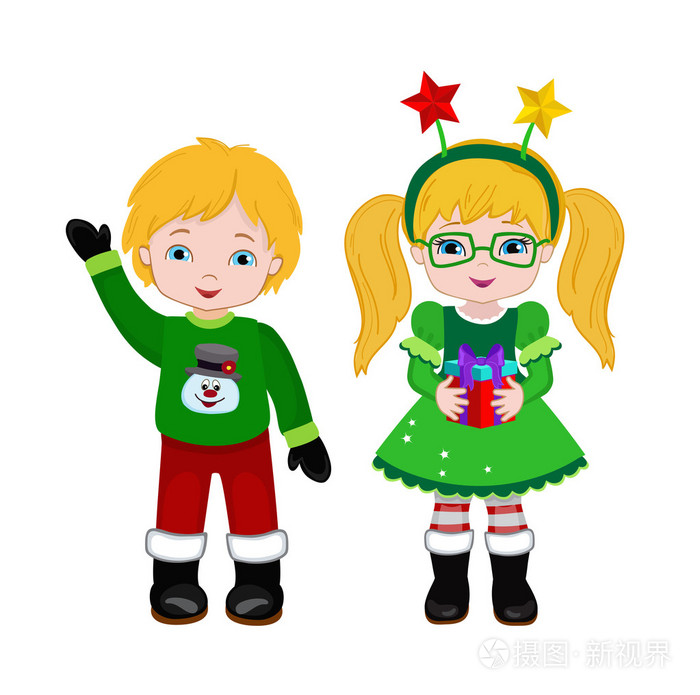 男孩和女孩与圣诞服装矢量卡通插画