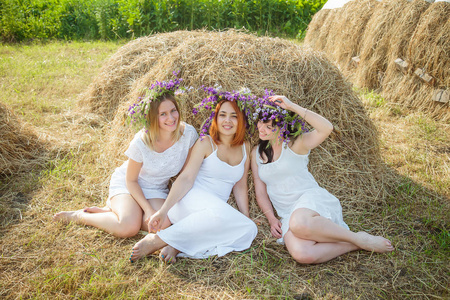 三个年轻漂亮的姑娘在白色礼服和花圈的干草堆旁的野花。在村子里的夏天