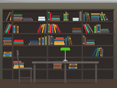 图书馆内部与书架平面向量图片