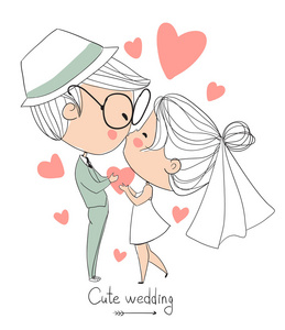 可爱的矢量婚礼卡大纲卡通婚礼图标热恋中的情侣.