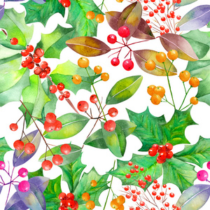 用水彩的红色和橙色的浆果和绿色的树叶树枝图案