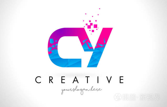 cycy字母标志与粉碎破碎蓝色粉红色纹理设计