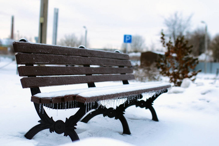 冬季第一个下雪天的城市中央公园