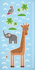 长颈鹿鹦鹉，蓝色背景的手掌，儿童身高