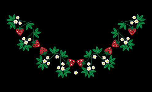 刺绣与绿叶红草莓和白花