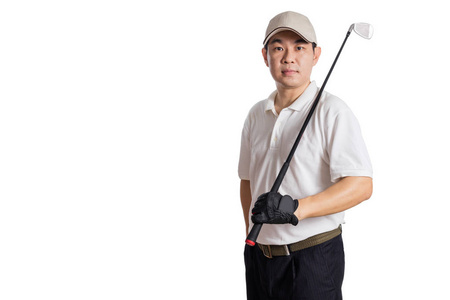 微笑亚洲中国男子假扮与高尔夫俱乐部