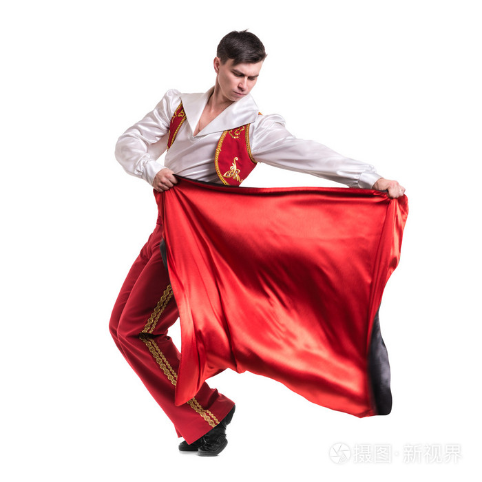 跳舞的人戴着斗牛士服装白色在全长上孤立