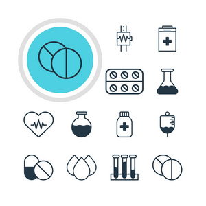 矢量图的 12 医疗图标。可编辑包实验烧瓶 药罐 瓶和其他元素