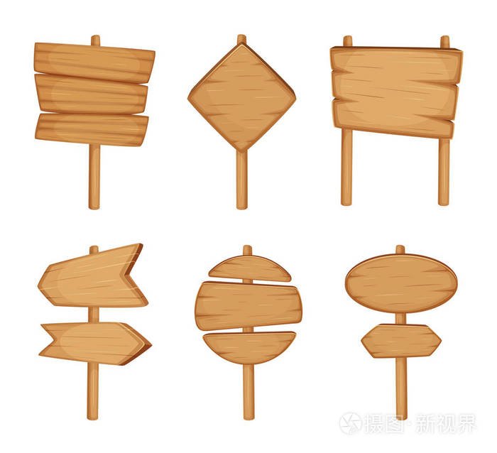 插画 木制指示标牌上孤立的白色背景.卡通矢量插图集.eps