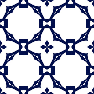 无缝的花饰几何壁纸。暗蓝色和白色花纹，矢量。设计模板
