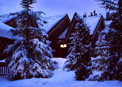 在冰雪覆盖的冷杉树林里的童话房子
