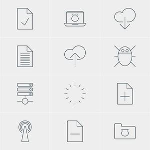 矢量图的 12 网络图标。可编辑包的数据上传，检查注 等待和其他元素