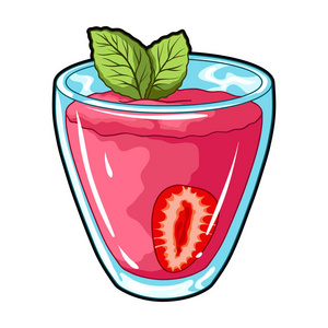 透明的杯子,草莓汁和薄荷叶.素食的甜饮料为素食主义者的.