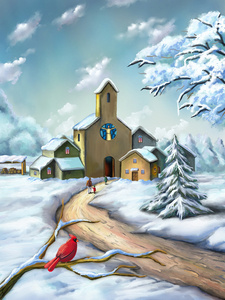 在一个下雪的圣诞节景观的小村庄