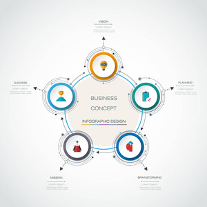 矢量图 3d 圆标签设计与箭头标志和 5 选项或步骤