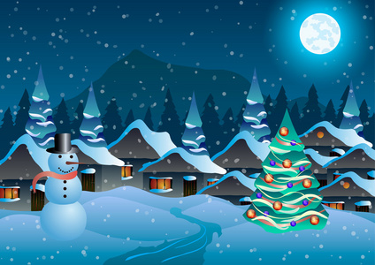 矢量图。村庄 雪人和背景的森林和山雪的圣诞树
