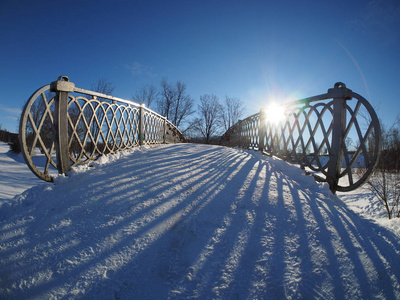 桥在公园里。冬天