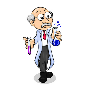 化学家教授在了白色外套和烧瓶照片