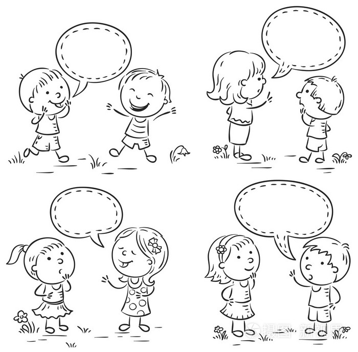 孩子说话和显示不同的情感,套着泡泡,黑色和白色轮廓的四个场景插画