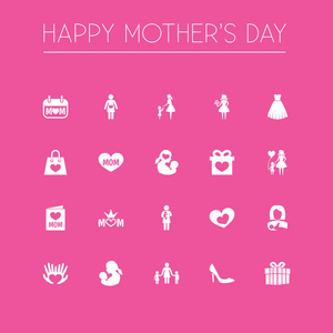 母亲一天图标设计概念。集 20 种元素作为女人，棕榈树和孩子。美丽的符号，为家庭 卡和花束