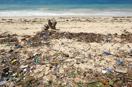在沙滩上的废料造成环境污染图片