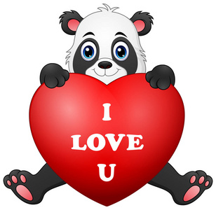 卡通熊猫握着红色的心