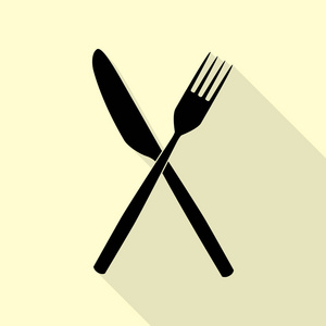 刀和叉的标志。与平面样式阴影路径奶油背景上的黑色图标