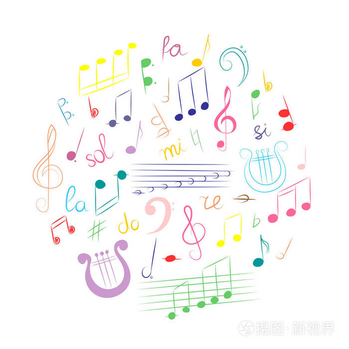 彩色手绘的音乐符号集.
