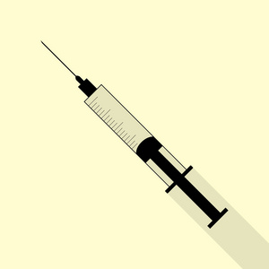 注射器标志图。与平面样式阴影路径奶油背景上的黑色图标